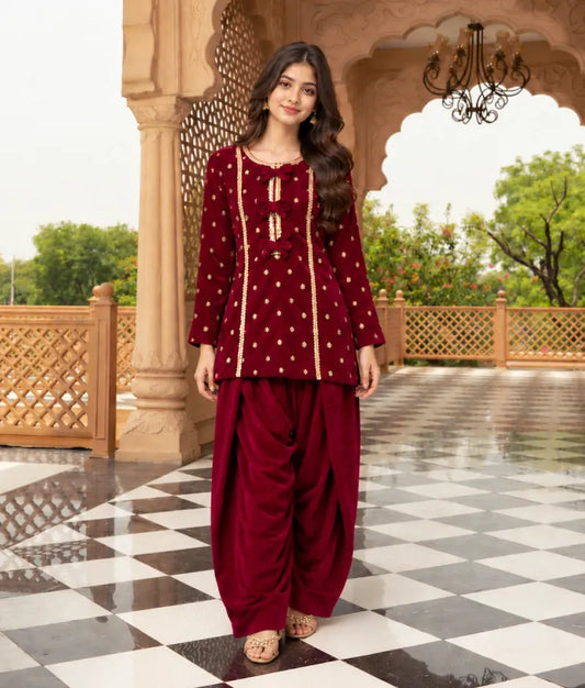 Pink Boti Velvet Kurti Salwar Set