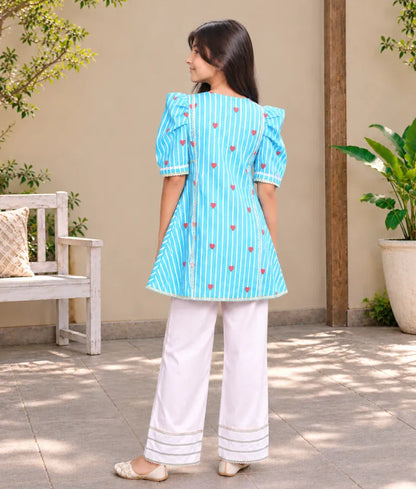 Blue Hearts & Stripe Printed Kurti with Pink Farshi Salwar