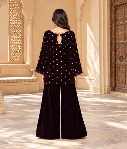 Burgundy Boti Velvet Kurti Salwar Set