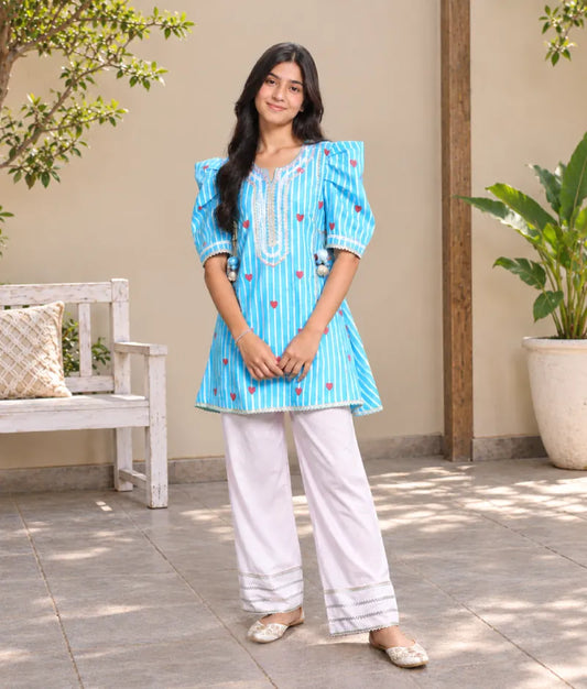 Blue Hearts & Stripe Printed Kurti with Pink Farshi Salwar