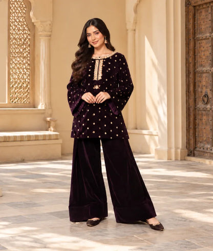 Burgundy Boti Velvet Kurti Salwar Set