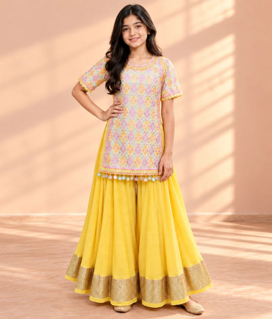 Embroidered Top with Yellow Crinkle Sharara - Embroidered Top with Yellow Crinkle Sharara
