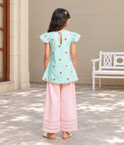 Green Hearts & Stripe Printed Kurti with Peach Farshi Salwar