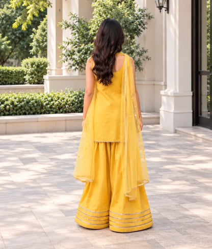 Yellow Gota tulip Kurti with Farshi Salwar