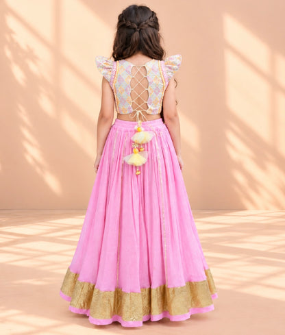 Embroidered Top with Pink Crinkle Lehenga - Embroidered Top with Pink Crinkle Lehenga