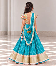 Mustard Embroidered Choli with Aqua Green Bandhej Lehenga