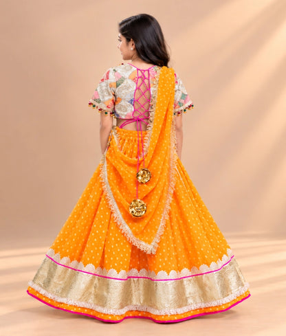 Offwhite Embroidered Choli with Orange Bandhej Lehenga - Offwhite Embroidered Choli with Orange Bandhej Lehenga