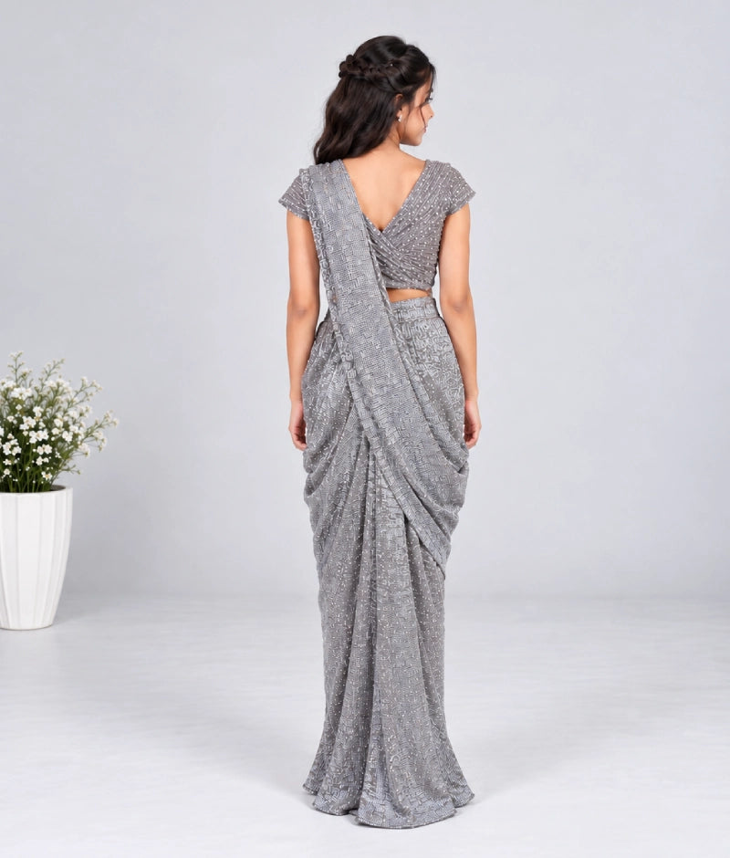 Grey Sequence Embroidered Stitched Saree Set