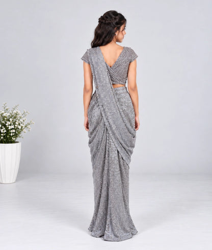 Grey Sequence Embroidered Stitched Saree Set - Grey Sequence Embroidered Stitched Saree Set