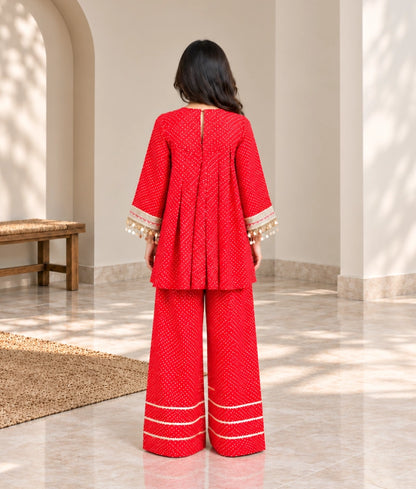 Red Bandhej Kurti with Salwar - Red Bandhej Kurti with Salwar