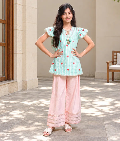 Green Hearts & Stripe Printed Kurti with Peach Farshi Salwar