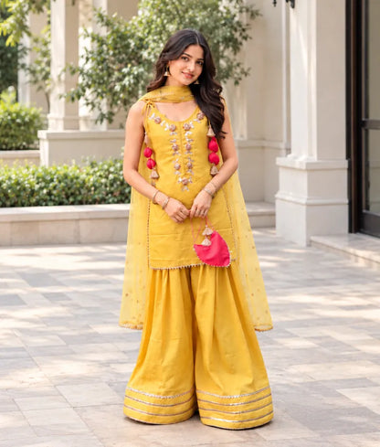 Yellow Gota tulip Kurti with Farshi Salwar