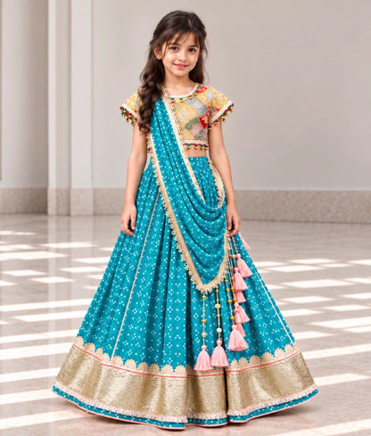 Mustard Embroidered Choli with Aqua Green Bandhej Lehenga - Mustard Embroidered Choli with Aqua Green Bandhej Lehenga