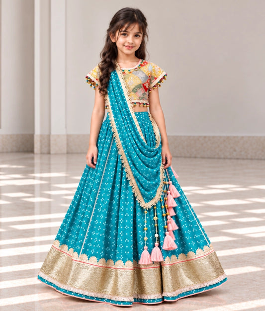Mustard Embroidered Choli with Aqua Green Bandhej Lehenga - Mustard Embroidered Choli with Aqua Green Bandhej Lehenga