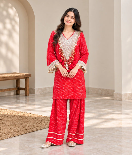 Red Bandhej Kurti with Salwar - Red Bandhej Kurti with Salwar