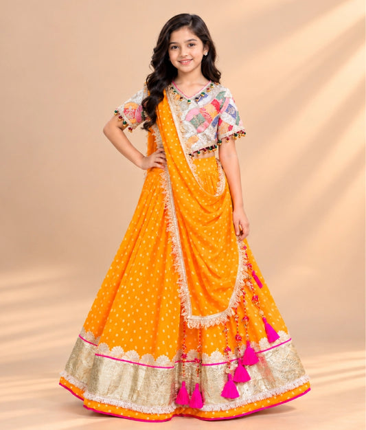 Offwhite Embroidered Choli with Orange Bandhej Lehenga - Offwhite Embroidered Choli with Orange Bandhej Lehenga