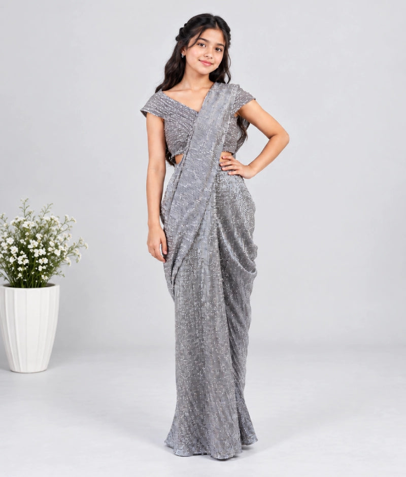 Grey Sequence Embroidered Stitched Saree Set