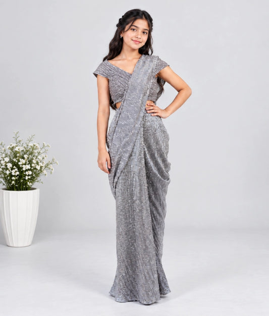 Grey Sequence Embroidered Stitched Saree Set - Grey Sequence Embroidered Stitched Saree Set
