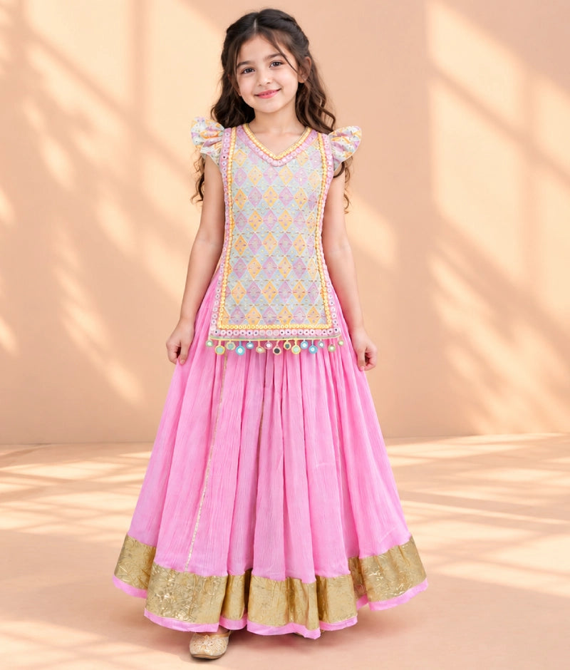 Embroidered Top with Pink Crinkle Lehenga