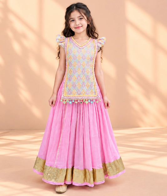Embroidered Top with Pink Crinkle Lehenga - Embroidered Top with Pink Crinkle Lehenga