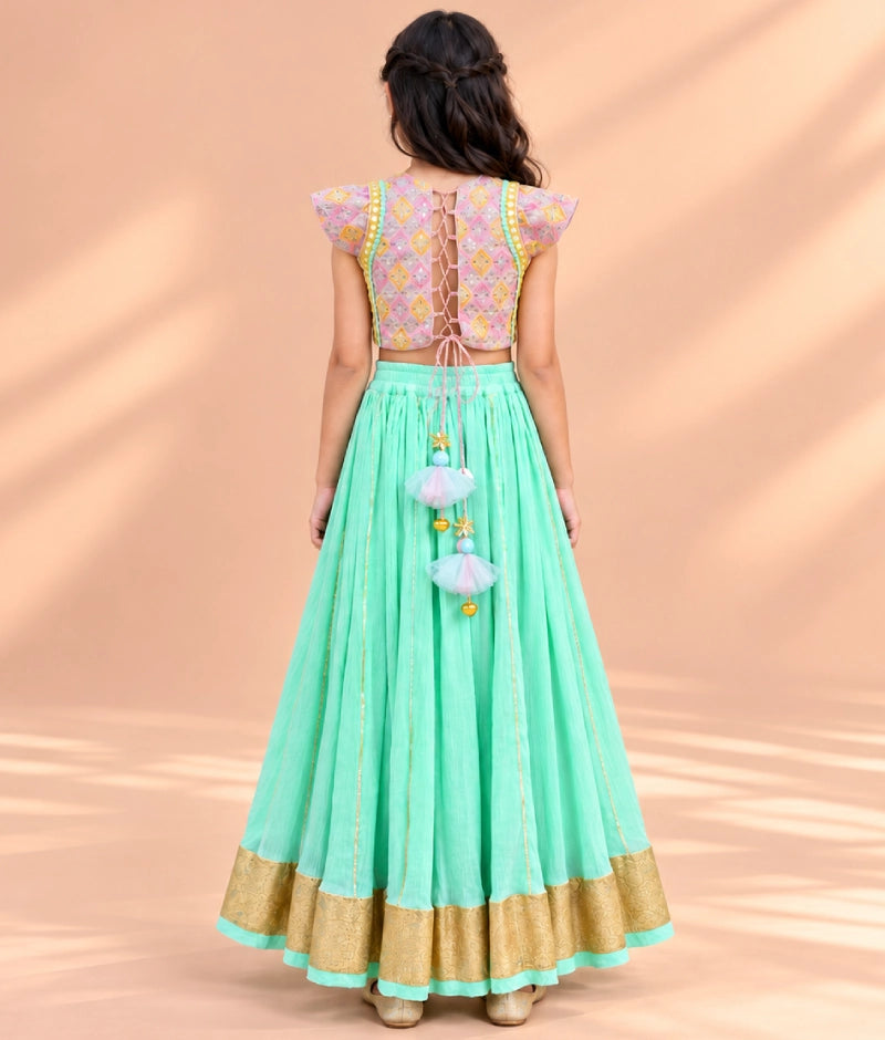 Embroidered Top with Green Crinkle Lehenga