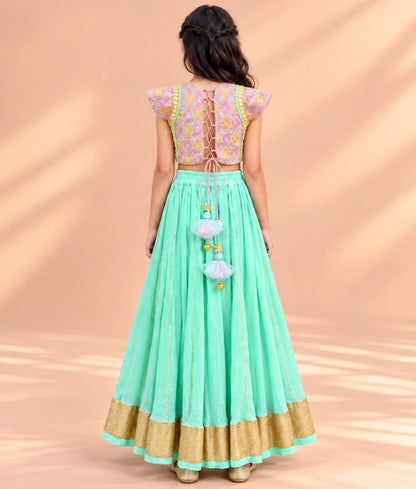 Embroidered Top with Green Crinkle Lehenga - Embroidered Top with Green Crinkle Lehenga