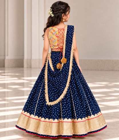 Mustard Embroidered Choli with Royal Blue Bandhej Lehenga - Mustard Embroidered Choli with Royal Blue Bandhej Lehenga