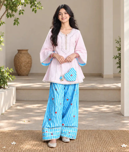 Baby Pink Kurti with Hearts Printed Farshi Salwar