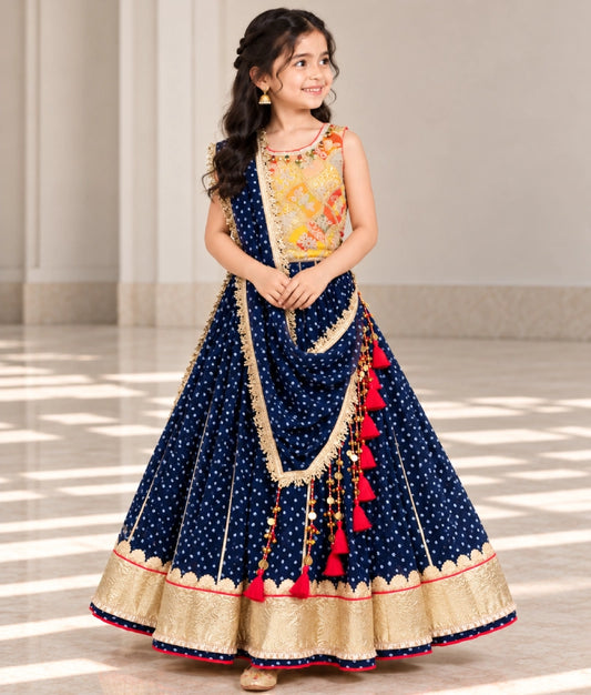 Mustard Embroidered Choli with Royal Blue Bandhej Lehenga - Mustard Embroidered Choli with Royal Blue Bandhej Lehenga
