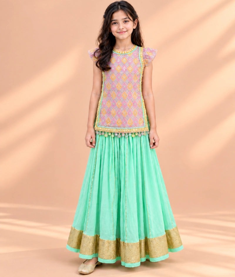 Embroidered Top with Green Crinkle Lehenga