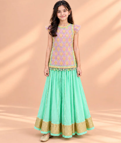 Embroidered Top with Green Crinkle Lehenga - Embroidered Top with Green Crinkle Lehenga