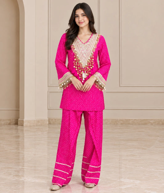 Pink Bandhej Kurti with Salwar - Pink Bandhej Kurti with Salwar