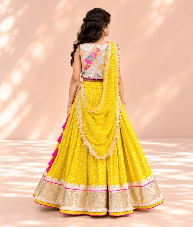 Offwhite Embroidered Choli with Yellow Bandhej Lehenga