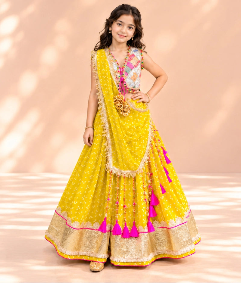 Offwhite Embroidered Choli with Yellow Bandhej Lehenga