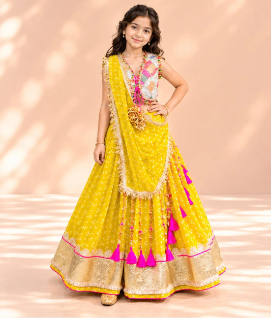 Offwhite Embroidered Choli with Yellow Bandhej Lehenga - Offwhite Embroidered Choli with Yellow Bandhej Lehenga