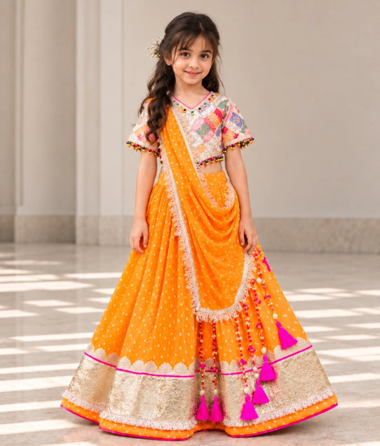 Offwhite Embroidered Choli with Orange Bandhej Lehenga - Offwhite Embroidered Choli with Orange Bandhej Lehenga