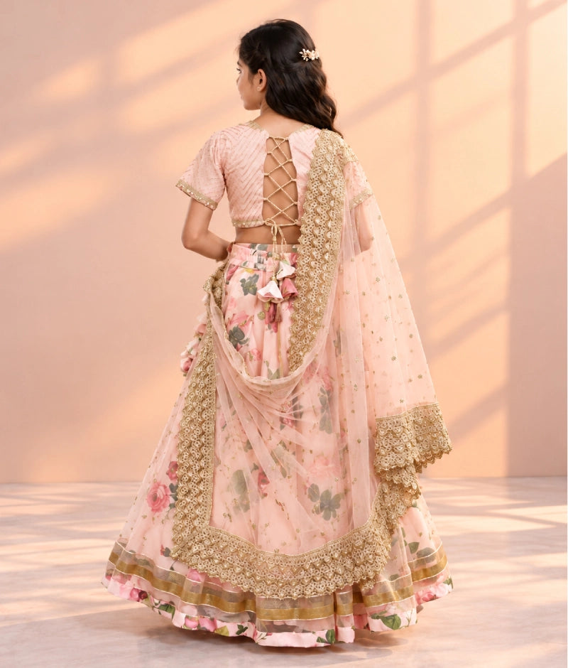 Peach Printed Lehenga Choli Set