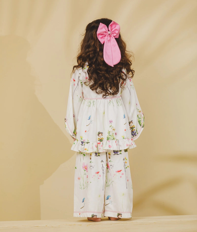 White Printed Shirt with Pajama for Girls
