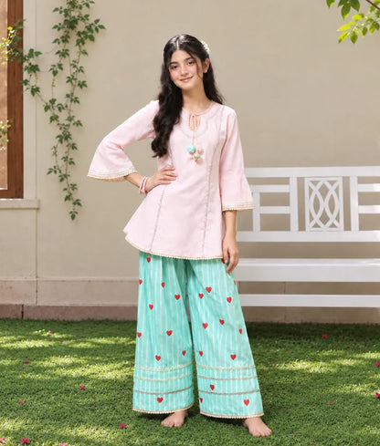 Peach Kurti with Hearts Printed Farshi Salwar