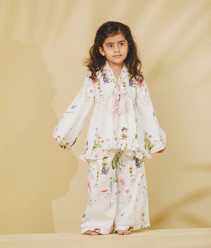 White Printed Shirt with Pajama for Girls - White Printed Shirt with Pajama for Girls