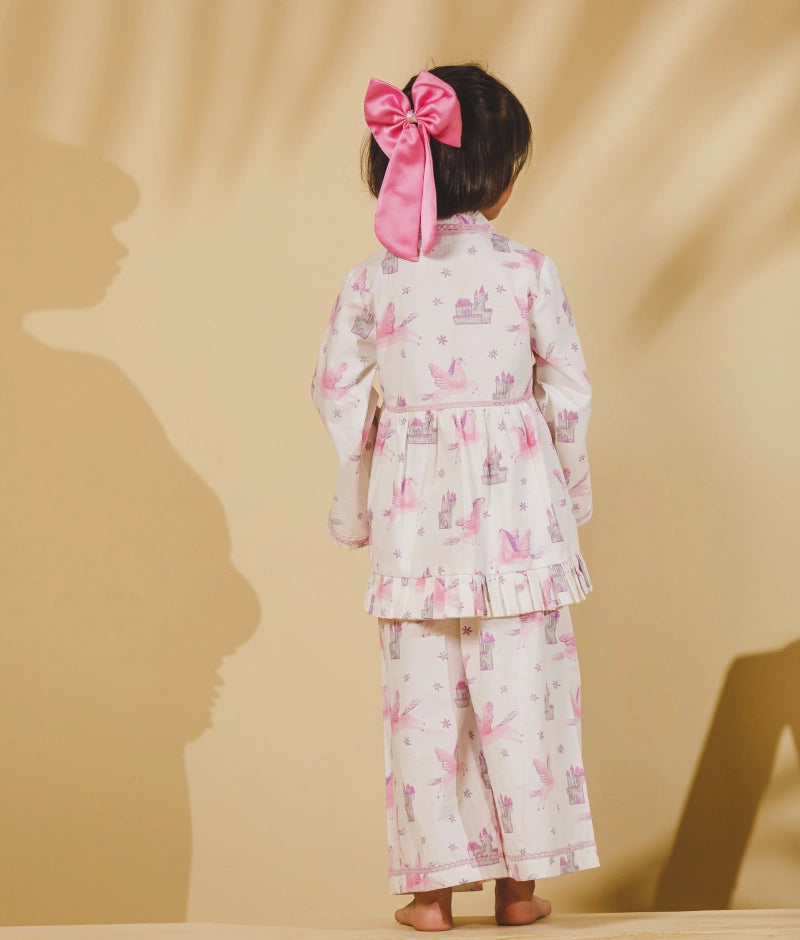 White Unicorn Printed Shirt with Pajama for Girls