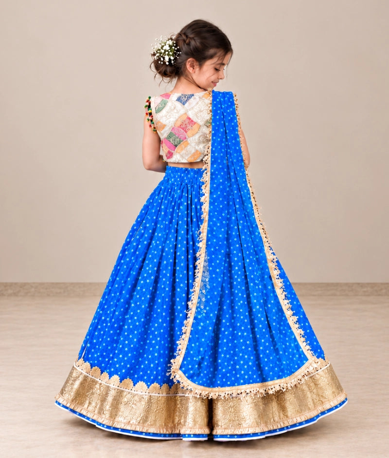 Offwhite Embroidered Choli with Blue Bandhej Lehenga