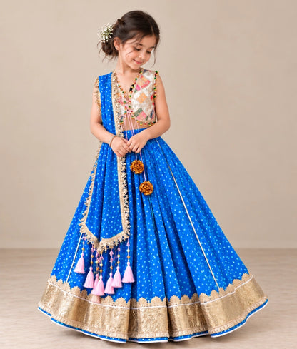 Offwhite Embroidered Choli with Blue Bandhej Lehenga - Offwhite Embroidered Choli with Blue Bandhej Lehenga