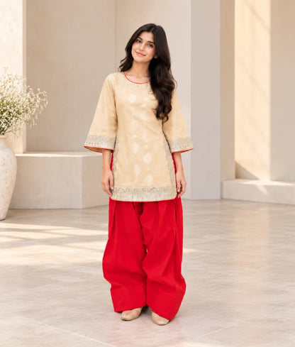 Golden Brocade Kurti with Red Salwar