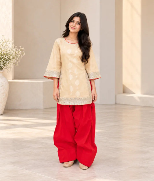 Golden Brocade Kurti with Red Salwar