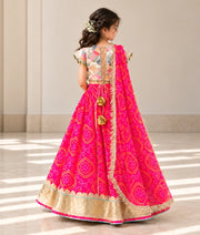 Offwhite Embroidered Choli with Coral Bandhej Lehenga