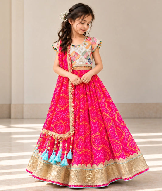 Offwhite Embroidered Choli with Coral Bandhej Lehenga - Offwhite Embroidered Choli with Coral Bandhej Lehenga
