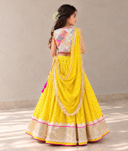 Offwhite Embroidered Choli with Yellow Bandhej Lehenga - Offwhite Embroidered Choli with Yellow Bandhej Lehenga