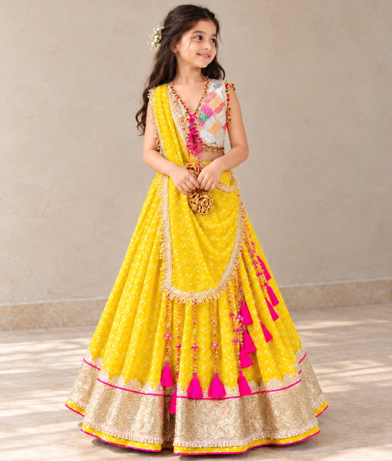 Offwhite Embroidered Choli with Yellow Bandhej Lehenga