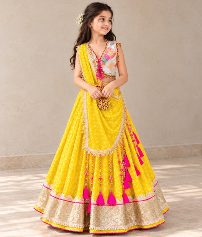Offwhite Embroidered Choli with Yellow Bandhej Lehenga - Offwhite Embroidered Choli with Yellow Bandhej Lehenga